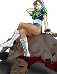  1girl 4boys blanka boots brown_eyes brown_hair capcom china_dress chinese_clothes chun-li double_bun double_buns dress earrings jewelry looking_at_viewer m_bison multiple_boys pantyhose qipao ryu ryuu_(street_fighter) simple_background smile street_fighter vega white_background zangief 