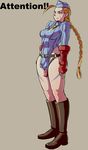  1girl belt blonde_hair bodysuit boots braid breasts bulge cameltail cammy_white capcom erect_nipples fingerless_gloves full_body futanari gloves green_eyes hat insertion long_hair mikoyan necktie object_insertion scar simple_background single_braid solo street_fighter tattoo vaginal 