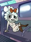  2018 aggressive_retsuko alpaca boots bow breasts camelid clothing footwear looking_at_viewer mammal mostly_nude nipples presenting public public_transportation pussy sanrio solo subway train tvma vehicle 