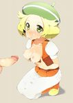  1girl bel_(pokemon) beret blonde_hair blush breast_hold breasts cum dress facial green_eyes hat kneeling nipples penis pokemon pokemon_(game) pokemon_black_and_white pokemon_bw short_hair tomohico uncensored 