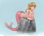  bent_over blonde_hair blue_eyes breasts female long_hair mermaid mermaid_tail nintendo okiara photoshop princess_peach rock solo super_mario_bros. tail topless transformation 