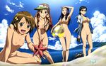  4girls akeno_mihoshi ball beach beachball black_hair blue_sky book breasts brown_hair cloud clouds crab female glasses green_eyes hair_ornament hairclip highres kotozuka_fumie makita_hime multiple_girls nipples nude nude_filter ocean outdoors photoshop purple_hair pussy sky sora_no_manimani starfish uncensored undressing visor water yarai_sayo 