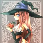  apple bare_shoulders blue_eyes brown_hair detached_sleeves dragon's_crown dress food fruit hat hiyopuko holding holding_food holding_fruit long_hair profile solo sorceress_(dragon's_crown) strapless strapless_dress witch_hat 