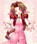 ^_^ aerith_gainsborough bad_id bad_pixiv_id blush bow brown_hair closed_eyes dress final_fantasy final_fantasy_vii happy incoming_hug long_hair minatosaiga open_mouth outstretched_hand pink_bow pink_dress smile solo very_long_hair 