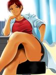 absurdres brown_eyes brown_hair chin_rest crossed_legs from_below highres labcoat original pencil_skirt pleasure-treasure shirt short_hair sitting skirt solo taut_clothes taut_shirt 