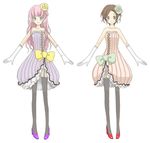  alternate_hairstyle bare_shoulders blue_eyes brown_eyes brown_hair colorful_x_sexy_(vocaloid) concept_art dress gloves hair_ornament high_heels long_hair megurine_luka meiko multiple_girls nezuki pink_hair project_diva_(series) project_diva_extend red_footwear ribbon shoes short_hair smile strapless strapless_dress thighhighs vocaloid 