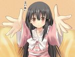  black_hair blush bow brown_eyes carry_me efe face foreshortening houraisan_kaguya long_hair outstretched_arms solo touhou translated 