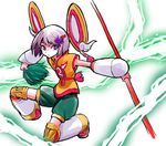  chinese_clothes detached_sleeves dragon_kid elbow_gloves electricity flower gloves green_eyes green_hair hair_ornament hairclip hat huang_baoling mizukami_satoshi short_hair shorts solo staff superhero thighhighs tiger_&amp;_bunny wig 