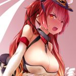  1girl azur_lane bangs bare_shoulders black_ribbon breasts chains choker cleavage commentary_request covered_nipples elbow_gloves eyebrows_visible_through_hair from_below frown gloves hair_ribbon hat highres honolulu_(azur_lane) large_breasts leaning_forward looking_at_viewer looking_down open_mouth peaked_cap red_eyes red_hair ribbon shiny shiny_skin solo sweat tied_hair twintails watarui white_gloves white_hat 
