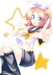  bad_id bad_pixiv_id blonde_hair blue_eyes hair_ornament hair_ribbon hairclip highres kagamine_rin midriff nail_polish navel open_mouth ribbon shino_(sosuketo) short_hair shorts smile solo v vocaloid 