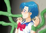  1girl against_wall bishoujo_senshi_sailor_moon blue_eyes blue_hair blush fellatio mizuno_ami old_school_academy oral rape restrained sailor_mercury schoolgirl short_hair sweat tentacle 