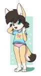  2019 aggie_(artist) anthro brown_hair canid canine clothed clothing cub digital_media_(artwork) female fennec footprint fox freckles fur green_eyes hair inner_ear_fluff kaelie mammal open_mouth panties pawprint pigtails shirt simple_background smile solo standing underwear young 