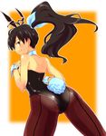  animal_ears ass bad_id bad_pixiv_id bare_shoulders black_hair blue_eyes bunny_ears bunny_girl bunny_tail bunnysuit detached_collar ganaha_hibiki idolmaster idolmaster_(classic) long_hair looking_back pantyhose ponytail shiny smile solo tail wrist_cuffs youhei_(testament) 