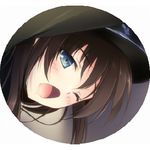  artist_request black_hair blue_eyes blush long_hair lowres open_mouth wink 
