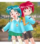  2girls backpack bag bike_shorts blue_hair child kindergarten kindergarten_uniform long_hair looking_back multiple_girls name_tag open_mouth park photo_background pink_eyes pretty_sammy ramia ramia_(pretty_sammy) randoseru red_hair skirt smile tsunami yellow_eyes 