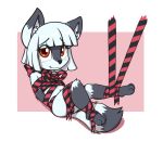  2019 aggie_(artist) anthro arctic_fox blush bow canid canine cute_fangs digital_media_(artwork) entangled female fox fur grey_fur hair looking_at_viewer lying mammal nude red_eyes ribbons simple_background smile solo teeth white_fur white_hair 