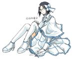  1girl black_eyes black_hair bleach blush bow capelet cross genderswap glasses gloves hair_bow high_heels ishida_uryuu lolita_fashion looking_at_viewer quincy quincy_(bleach) ribbon shoes short_hair sitting solo thighhighs white_background white_gloves white_legwear 