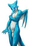  abs blue_eyes blue_skin bodysuit bulge character_request claws cosplay costume dragon erection furry fursuit futanari kemono_inukai kigurumi male male_focus mask nipples penis reptile shiny simple_background skin_tight skintight solo standing tail white_background wings 