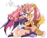  2girls animal_ears ass bat_wings blue_hair boots cat_ears demon_girl disgaea high_heels horns laharl multiple_girls nekomata_(disgaea) pink_hair red_hair succubus succubus_(disgaea) thigh_boots thighhighs wings 