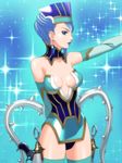  bare_shoulders blue_eyes blue_hair blue_rose_(tiger_&amp;_bunny) breasts cleavage crystal_earrings earrings elbow_gloves gloves hat jewelry karina_lyle kkr lipstick makeup medium_breasts short_hair solo superhero thighhighs tiger_&amp;_bunny 