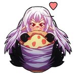  biting blush chibi eating fang food heart insect_girl lavender_hair long_hair lowres mittens monster_girl pizza pointy_ears red_eyes spider_girl 