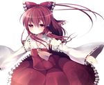  ascot bad_id bad_pixiv_id blush bow brown_eyes brown_hair detached_sleeves hair_bow hair_tubes hakurei_reimu outstretched_arms rairateru shirt skirt skirt_set solo touhou 