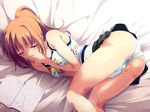  1girl aoba_satsuki ass bare_shoulders bed_sheet blush brown_hair character_request covering_mouth endure_to_moan eyes_closed female fingering game_cg hand_in_panties hand_over_mouth lying masturbation on_side panties ponytail renge_(eroge) sheet skirt solo source_request underwear upskirt white_panties 