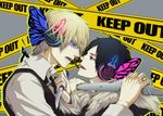  2boys black_hair blonde_hair butterfly butterfly_wings caution_tape durarara!! eye_contact glasses headphones heiwajima_shizuo jacket keep_out knife looking_at_another magnet_(vocaloid) male male_focus multiple_boys necktie orihara_izaya red_eyes sunglasses vest vocaloid weapon wings 