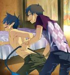  2boys ao_no_exorcist bed bent_over black_hair blue_eyes blush brothers brown_hair glasses male male_focus multiple_boys okumura_rin okumura_yukio pointy_ears siblings tail topless twins yaoi 