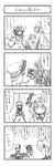  4koma ? bat_wings bespectacled bow braid closed_eyes comic detached_sleeves dress glasses greyscale hair_bow hair_tubes hakurei_reimu highres izayoi_sakuya long_hair maid maid_headdress monochrome multiple_girls open_mouth patchouli_knowledge remilia_scarlet short_hair slit_pupils smile sora_no_amagumo touhou translated twin_braids wings 