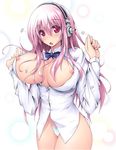  :o blush bow breasts bursting_breasts buttons flying_button headphones highres large_breasts long_hair nipples nitroplus no_bra panties pink_hair popped_button red_eyes scatter_milk solo super_sonico undersized_clothes underwear wardrobe_malfunction 