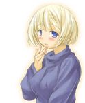  blonde_hair blue_eyes blush bob_cut breasts casual covered_nipples hand_to_own_mouth kasuga_yukihito large_breasts phalanx_(sekaiju) sekaiju_no_meikyuu sekaiju_no_meikyuu_3 solo sweater upper_body 