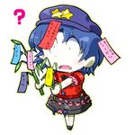  ? bamboo blue_hair blush fang gomi_ichigo hat jiangshi miyako_yoshika ofuda open_mouth outstretched_arms pale_skin short_hair skirt solo star tanabata tanzaku touhou translated zombie_pose 