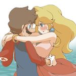  blonde_hair blue_eyes blush brown_hair couple facial_hair gloves hat horubein hug lowres mario mario_(series) mustache nintendo princess_peach super_mario_bros. 