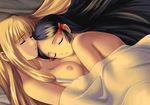  2girls after_sex aftersex bare_shoulders bed bed_sheet black_hair blonde_hair breast_pillow breasts eyes_closed female girl_on_top hair_ribbon lying nipples nude ribbon sleeping under_covers very_long_hair yuri 