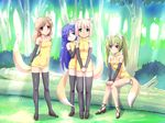  4girls animal_ears animal_tail black_legwear black_thighhighs blue_eyes blue_hair brown_eyes brown_hair detached_sleeves dress fox_ear fox_ears fox_tail green_eyes green_hair hair_over_one_eye long_hair multiple_girls open_mouth original purple_eyes shioji_(sioji24) short_hair sitting smile tail thighhighs twintails urase_shioji 