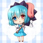  :o blue_eyes blue_hair chibi heterochromia karakasa_obake momojiri_aya open_mouth purple_umbrella red_eyes short_hair skirt smile solo tatara_kogasa teruterubouzu tongue touhou umbrella 