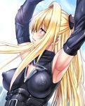  armpits arms_up bad_id bad_pixiv_id blonde_hair blush breasts hair_ornament konjiki_no_yami large_breasts long_hair nipples nyamota open_mouth puffy_nipples red_eyes see-through solo to_love-ru two_side_up very_long_hair 