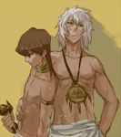  2boys bakura_ryou jewelry kaiba_seto lowres male male_focus multiple_boys muscle thief_king_bakura topless yu-gi-oh! yuu-gi-ou_duel_monsters 