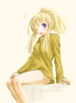  blonde_hair blue_eyes blush_stickers breasts covered_nipples kasuga_yukihito medium_breasts no_pants one_eye_closed panties ponytail princess_(sekaiju) sekaiju_no_meikyuu sekaiju_no_meikyuu_3 sitting solo sweater underwear 