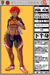  abs athletic bike_shorts blush bottle cameltoe character_profile covered_nipples dark_skin flat_chest hayate_shiori highres jacket mikoyan milk milk_bottle muchigaku open_clothes open_jacket orange_eyes partially_translated red_hair shoes short_hair sleeves_rolled_up sneakers solo thick_thighs thighs tomboy toned track_jacket translation_request watch wide_hips wristwatch 