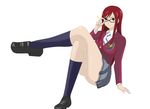  blazer erza_scarlet fairy_tail female formal glasses juudai necktie red_hair school_uniform simple_background sitting smile solo tie uniform 