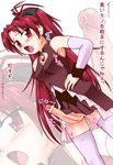  bar_censor censored futanari highres ishikawakurando long_hair magical_girl mahou_shoujo_madoka_magica mosaic_censoring open_mouth penis ponytail precum red_eyes red_hair sakura_kyouko solo translation_request 