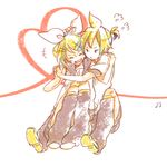  1boy 1girl blonde_hair bow boy boy_and_girl eyes_closed female girl hair_bow hand_holding hand_on_head heart kagamine_len kagamine_rin kichiko_(m_nohohon) leg_warmers male musical_note ponytail short_hair simple_background sitting smile treble_clef vocaloid 