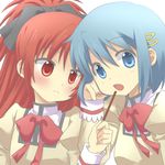  blue_eyes blue_hair blush bow feeding food hair_bow hair_ornament hairclip ikura_(petit-fleur) long_hair mahou_shoujo_madoka_magica miki_sayaka multiple_girls open_mouth pocky red_eyes red_hair sakura_kyouko school_uniform short_hair 