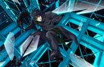  black_hair boots broken_glass cat darker_than_black glass gloves hei kageyama_madoka knife male_focus solo thigh_strap trench_coat weapon wire 