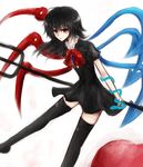  apple asymmetrical_wings bad_id bad_pixiv_id black_hair black_legwear dress food fruit houjuu_nue kiyonaka_rei long_hair polearm red_eyes snake solo thighhighs touhou trident weapon wings 