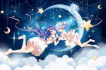  2girls :d :o bangs bare_legs bare_shoulders barefoot bili_girl_22 bili_girl_33 bilibili_douga blue_hair blush clouble cloud commentary_request crescent dress eyebrows_visible_through_hair hair_between_eyes hand_holding highres interlocked_fingers long_hair multiple_girls open_mouth parted_lips pink_ribbon puffy_short_sleeves puffy_sleeves red_eyes ribbon short_sleeves smile soles star very_long_hair white_dress 