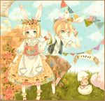  1boy 1girl alternate_costume animal_ears aqua_eyes bird blonde_hair boy boy_and_girl bracelet bunny bunny_ears easter egg female flower girl highres jewelry kagamine_len kagamine_rin koumi_(rl0318) male rose roses vocaloid 