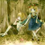  1boy 1girl berries blonde_hair boy boy_and_girl bracelet female flower flower_necklace food footwear forest fruit girl grass green_eyes highres jewelry kagamine_len kagamine_rin koumi_(rl0318) light_rays male mushroom nature necklace ponytail shoes short_hair sitting smile socks sunbeam sunlight sunrays vines vocaloid whistle white_legwear white_socks wings wreath 